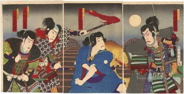 豊原周信 Painting - 歌舞伎の橋の上の三人の侍と旅人の場面 豊原周信